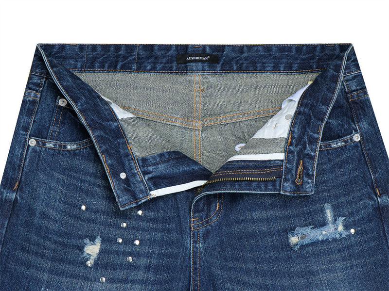 Herren-Bootcut-Jeans im Distressed-Look mit Nieten – Dunkelblauer Flare-Denim mit Karomuster
