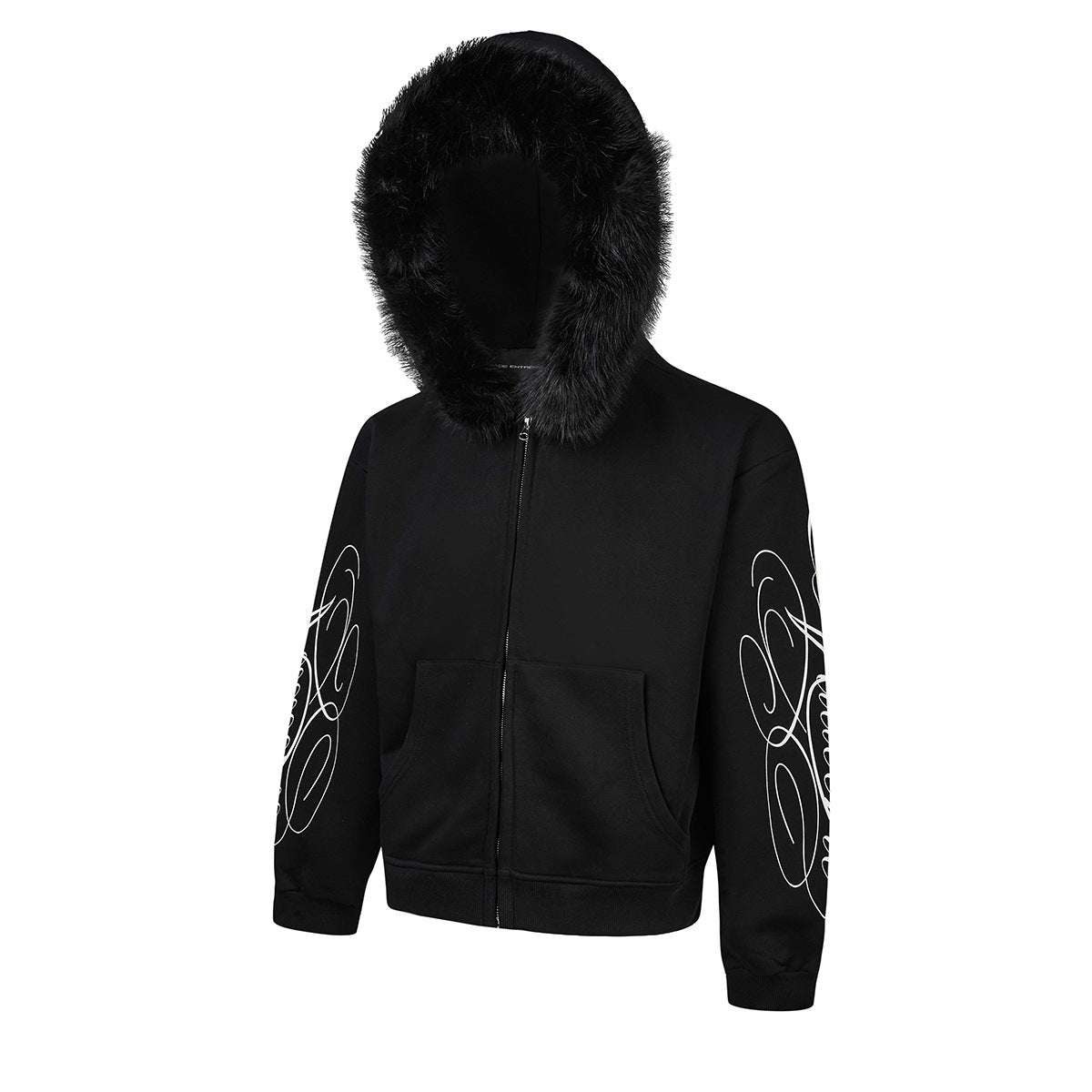 Sweat à capuche zippé avec bordure en fausse fourrure et imprimé script sur les manches