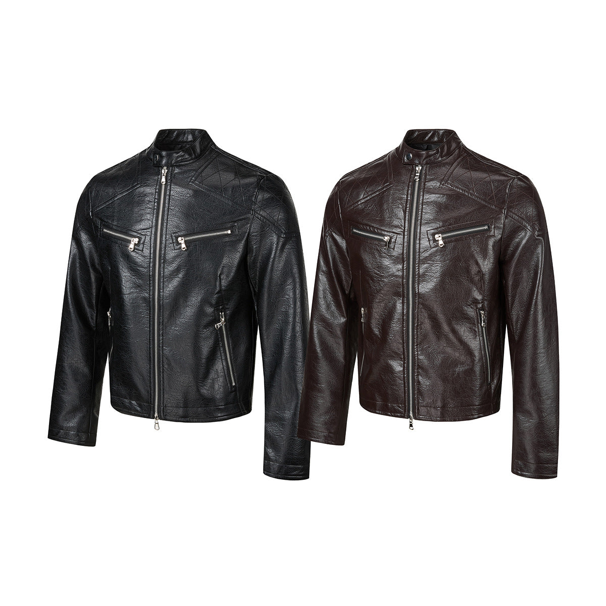 Faux Leather Moto Biker Jacket – Stand Collar with Zip Pockets