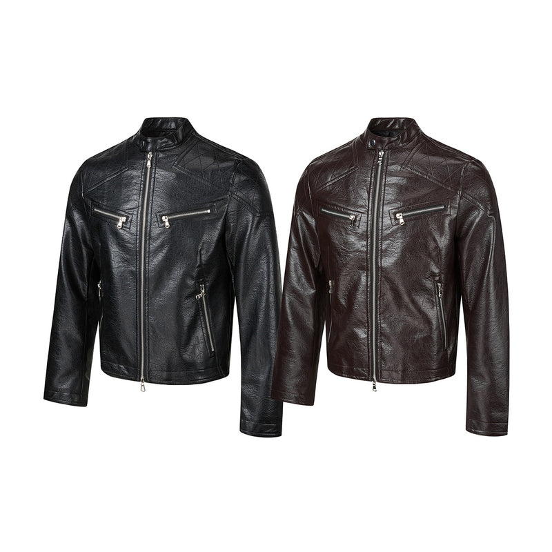 Faux Leather Moto Biker Jacket – Stand Collar with Zip Pockets