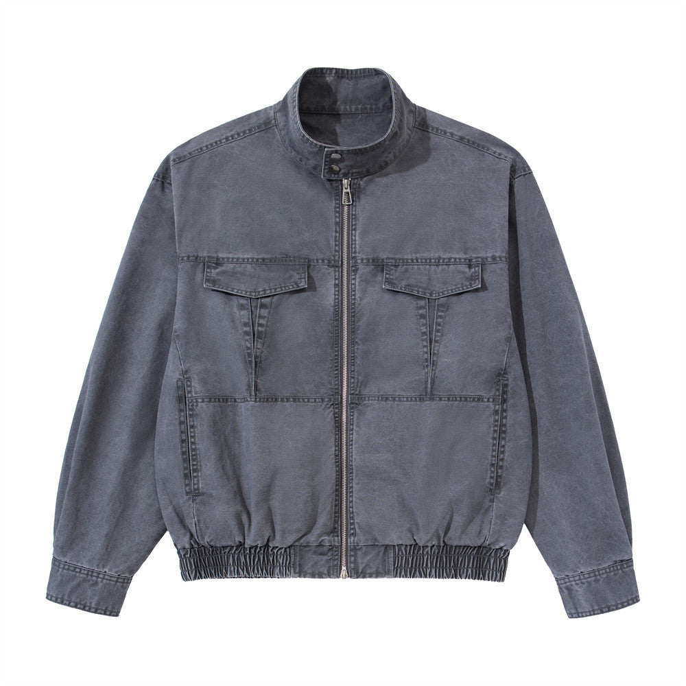 Washed Cargo Bomber Jacket – Men's Stand Collar Multi-Pocket Workwear Jacket