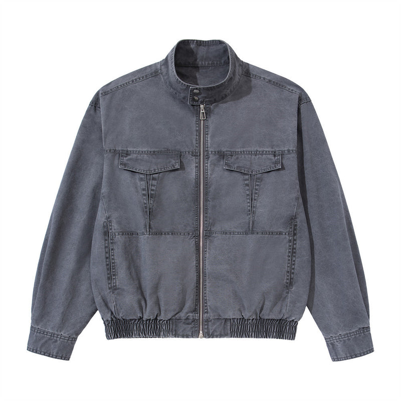 Washed Cargo Bomber Jacket – Men's Stand Collar Multi-Pocket Workwear Jacket
