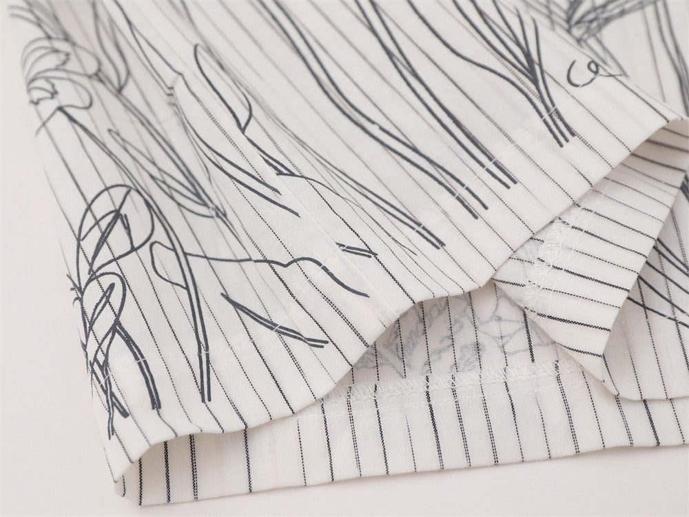 Striped Long Sleeve Shirt Men — Botanical Line Art Print, Relaxed Fit