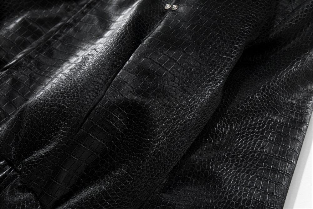 Chaqueta bomber de hombre con cuello de pelo – Cuero PU negro grabado efecto cocodrilo