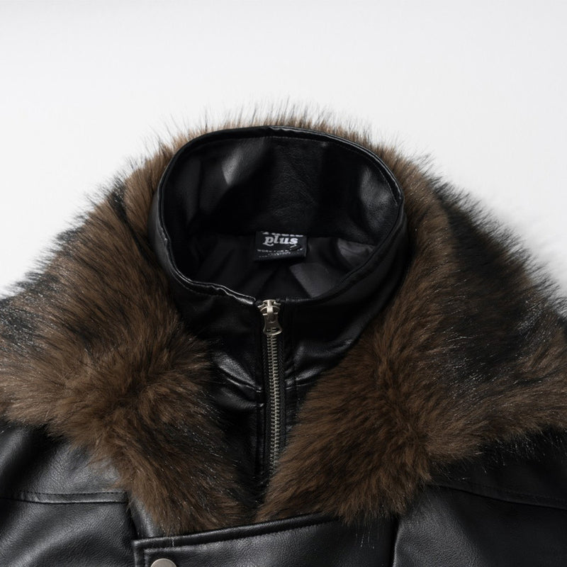 Men's Black PU Leather Bomber Jacket with Faux Fur Collar & Large Cargo Pockets