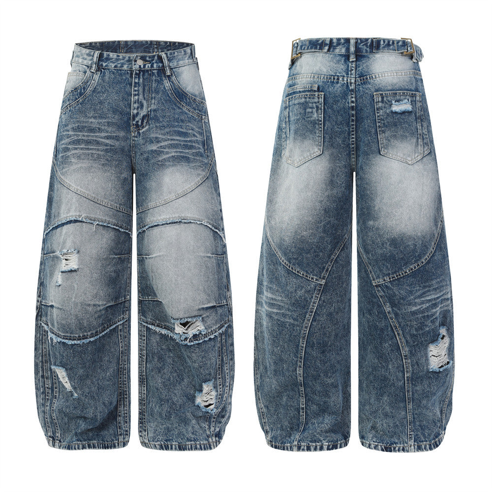 Men's gradient acid-washed ripped wide-leg patchwork jeans in medium blue denim, front and back view