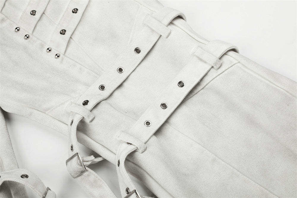 Men's Bell Bottom Jeans with Gothic Harness Straps, Metal Eyelets & Ribbon