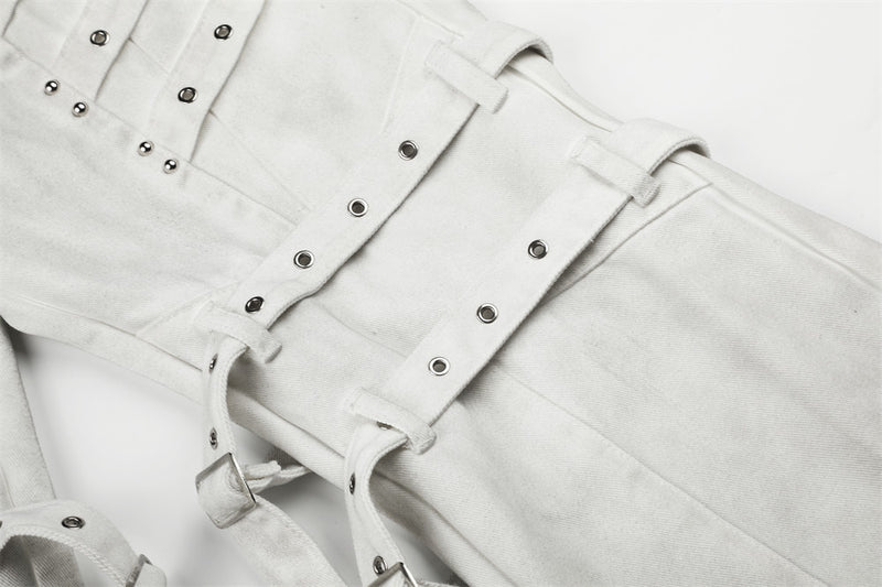 Men's Bell Bottom Jeans with Gothic Harness Straps, Metal Eyelets & Ribbon