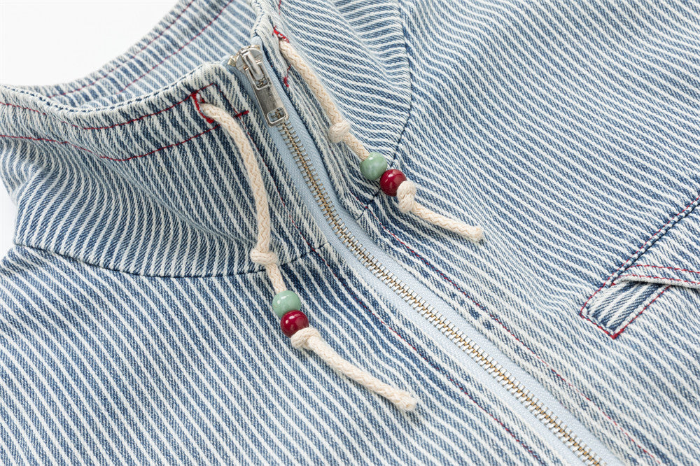 Hickory Stripe Denim Zip Jacket – Men's Workwear-Inspired Drawstring Hem Coat