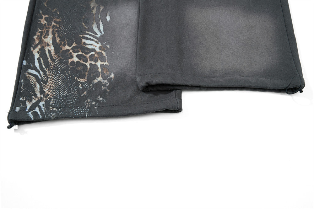 Faux Two-Piece Plaid Waistband Wide Leg Sweatpants with Leopard Print