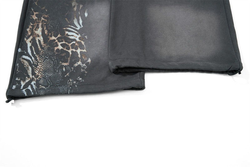 Faux Two-Piece Plaid Waistband Wide Leg Sweatpants with Leopard Print