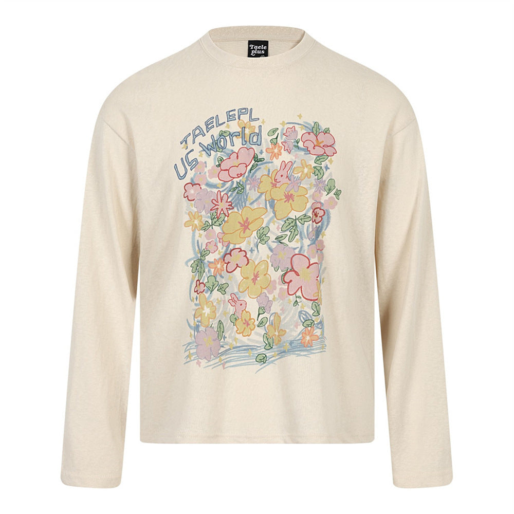 Men's relaxed-fit long-sleeve crew neck tee with hand-drawn floral and bunny graphic print in cream colorway