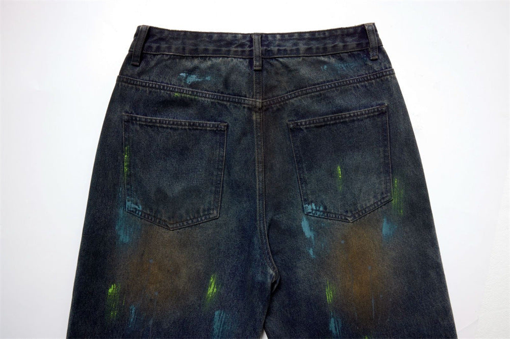 Baggy Paint Splatter Jeans Men – Wide Leg Grunge Denim Straight Pants