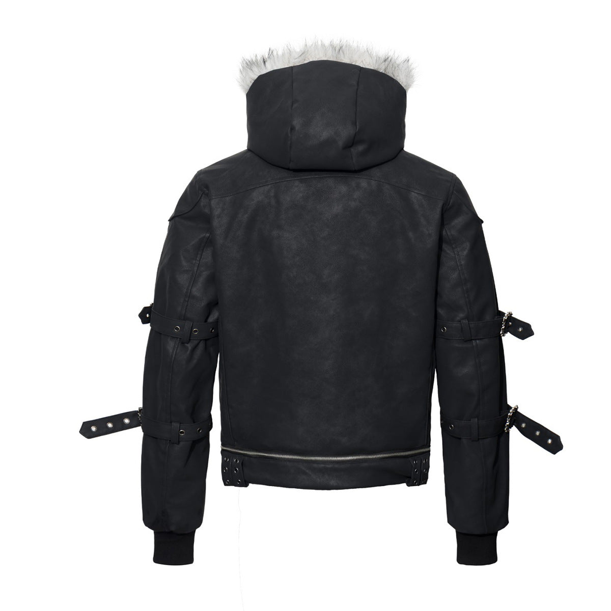 Black Faux Leather Hooded Bomber Jacket with Faux Fur Trim & Buckle Strap