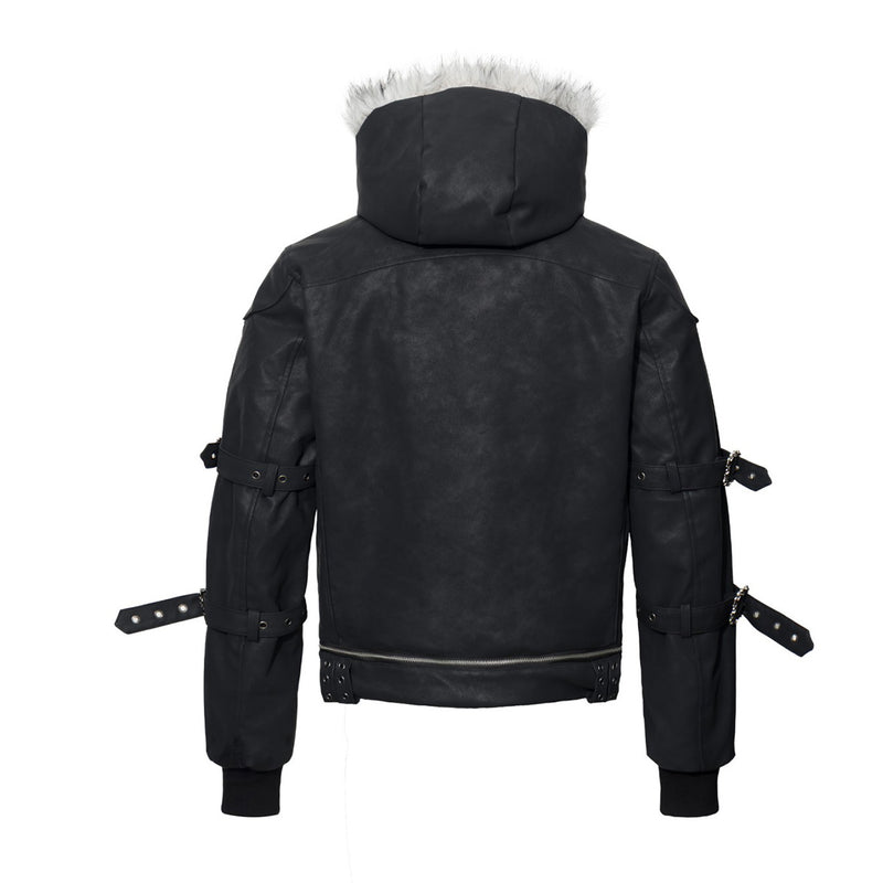 Black Faux Leather Hooded Bomber Jacket with Faux Fur Trim & Buckle Strap