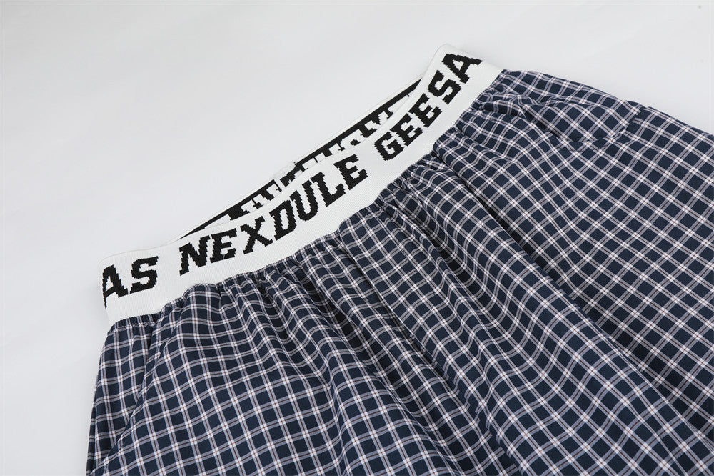 Plaid Wide-Leg Pants with Logo Elastic Waistband