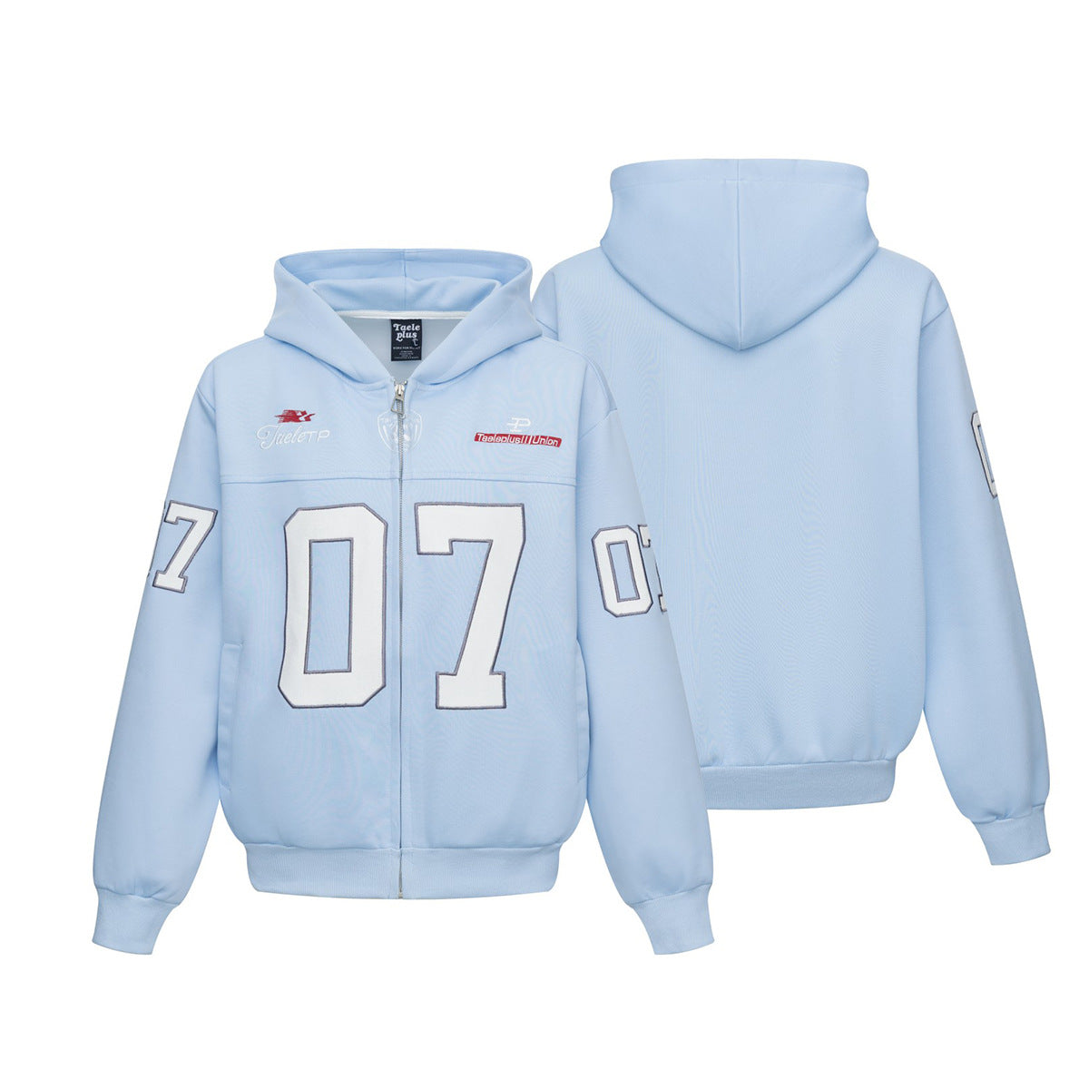Sweat à capuche bleu zippé intégral avec patch brodé du numéro varsity 07