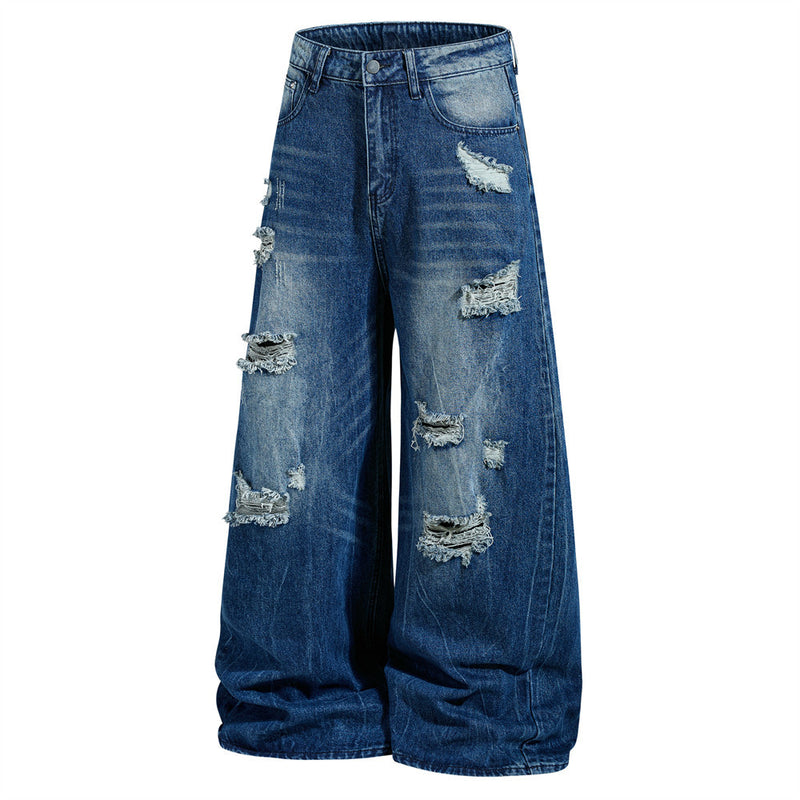 Wide-Leg Ripped Jeans – Men's Baggy Distressed Denim with Washed Finish