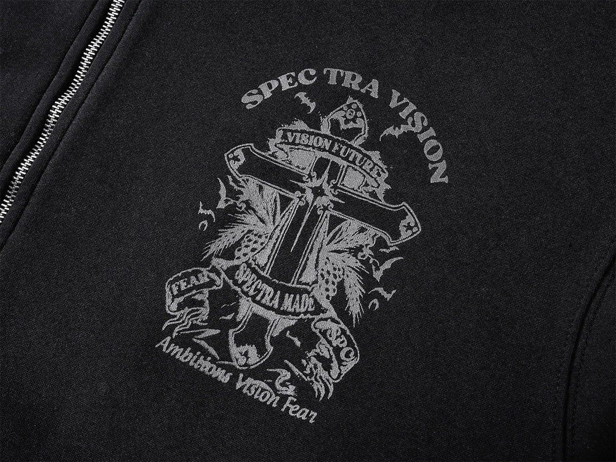 Zip-Hoodie mit Kapuze mit Teufelsohren – Gothic-Kreuz-Graphic-Sweatshirt im Streetwear-Stil