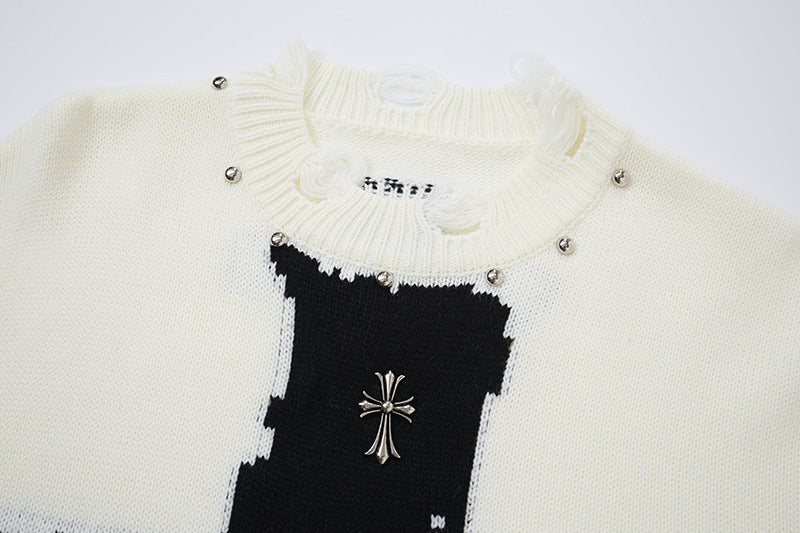 Oversize-Kreuz-Strickpullover – Distressed-Rundhals mit Jacquard-Kreuz
