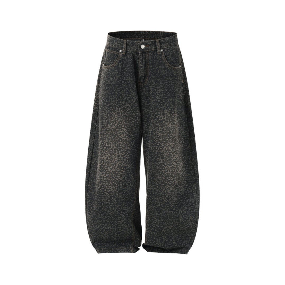 Leopard Print Wide-Leg Baggy Jeans – Oversized Curved Denim Pants
