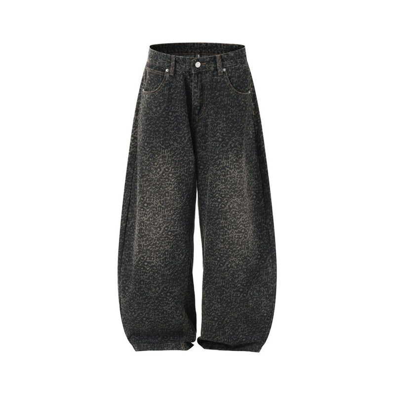 Leopard Print Wide-Leg Baggy Jeans – Oversized Curved Denim Pants