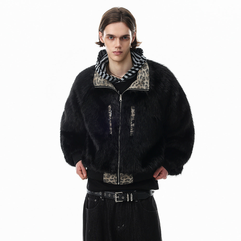 Reversible Faux Fur Leopard Print Bomber Jacket – Men's Oversized Stand Collar