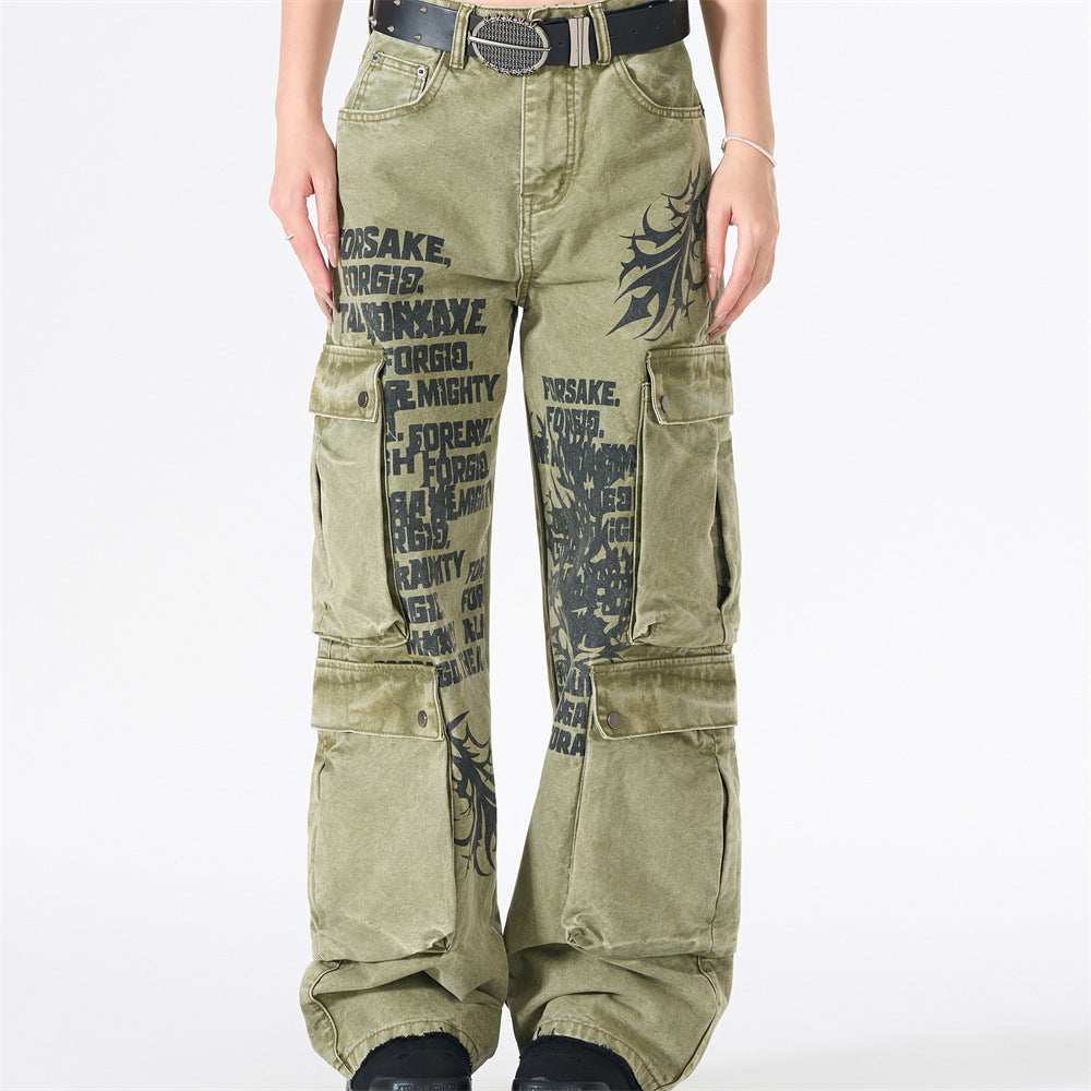 Acid wash army green wide-leg cargo pants with tribal flame graphic and letter print, multiple cargo pockets, worn by female