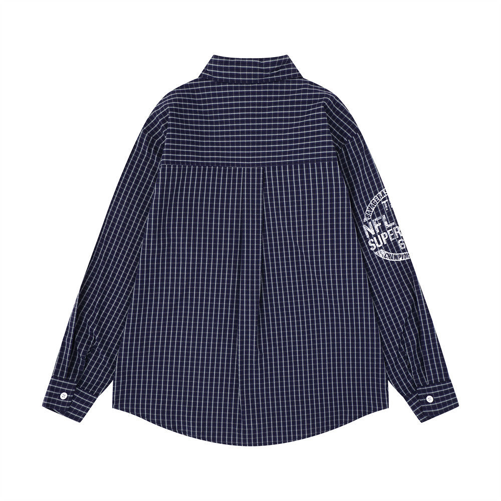 Plaid Long Sleeve Shirt with Varsity Graphic Print – Oversized Relaxed Fit