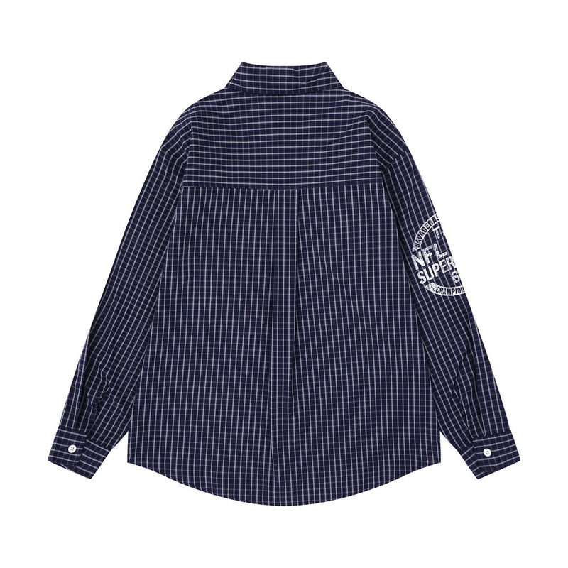 Plaid Long Sleeve Shirt with Varsity Graphic Print – Oversized Relaxed Fit