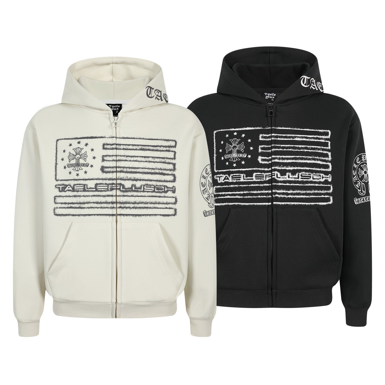Herren-Zip-Hoodie mit Vintage-Flaggengrafik – Distressed-Kreuzprint