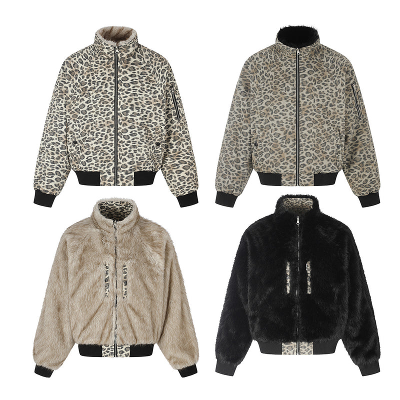 Reversible Faux Fur & Leopard Print Bomber Jacket – Oversized Retro American