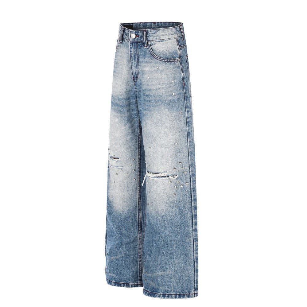 Gradient Washed Distressed Wide-Leg Jeans with Rhinestone Studs