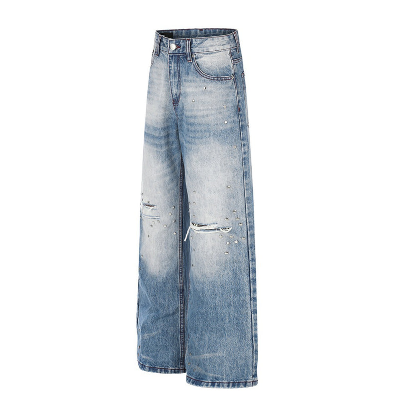 Gradient Washed Distressed Wide-Leg Jeans with Rhinestone Studs