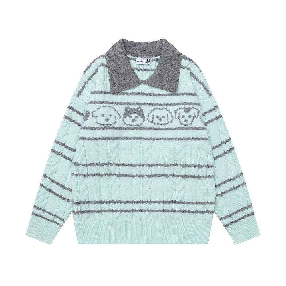 Gestreifter Zopfstrickpullover mit Polokragen – Cartoon-Hunde-Jacquard