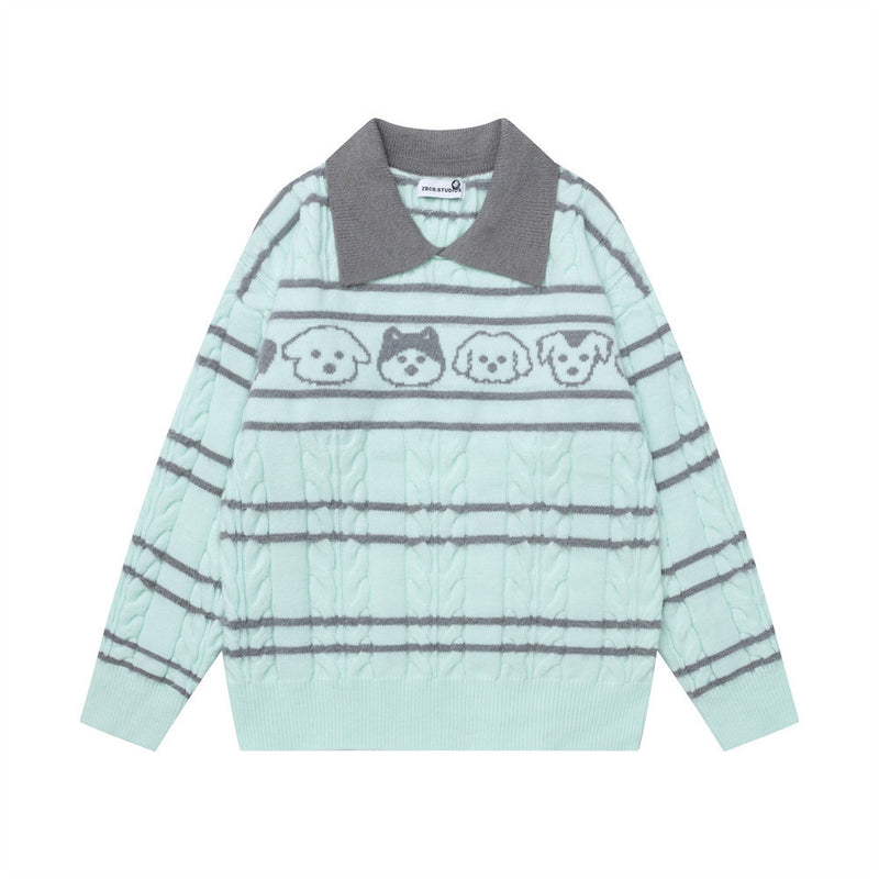 Gestreifter Zopfstrickpullover mit Polokragen – Cartoon-Hunde-Jacquard