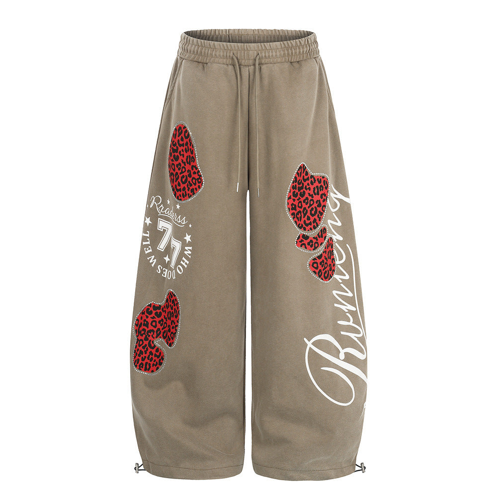Wide-Leg Sweatpants with Leopard Print Rhinestone Hearts & Varsity Graphic