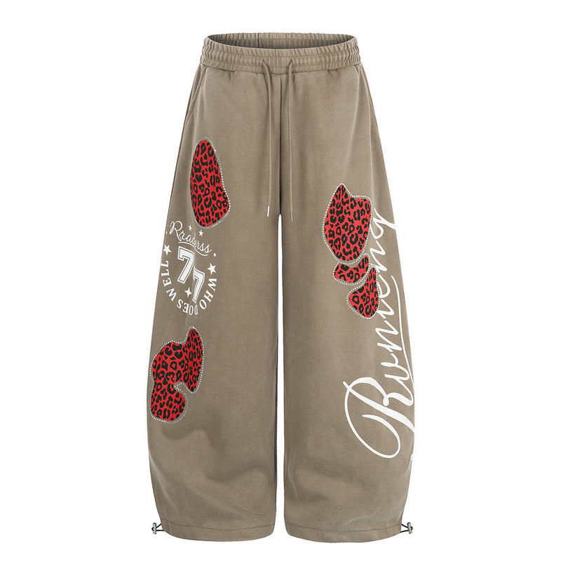 Wide-Leg Sweatpants with Leopard Print Rhinestone Hearts & Varsity Graphic