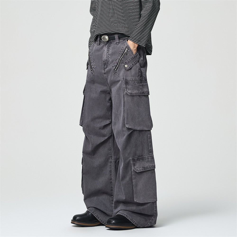 Wide-Leg Cargo Pants – Multi-Pocket Washed Vintage Streetwear Trousers
