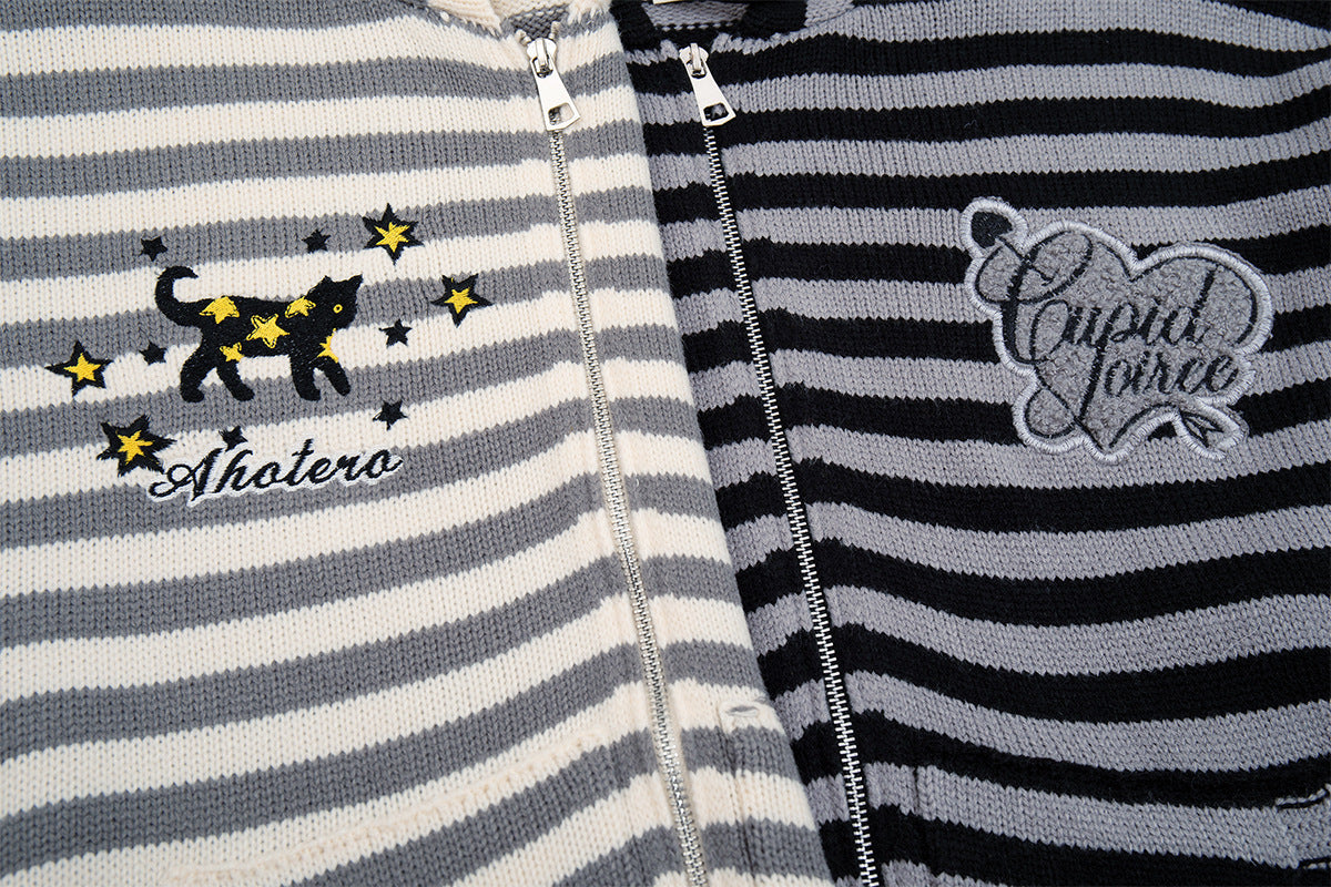 Y2K-Kapuzenjacke mit Reißverschluss – gestreifte Strickjacke mit Katzen- und Sternenstickerei