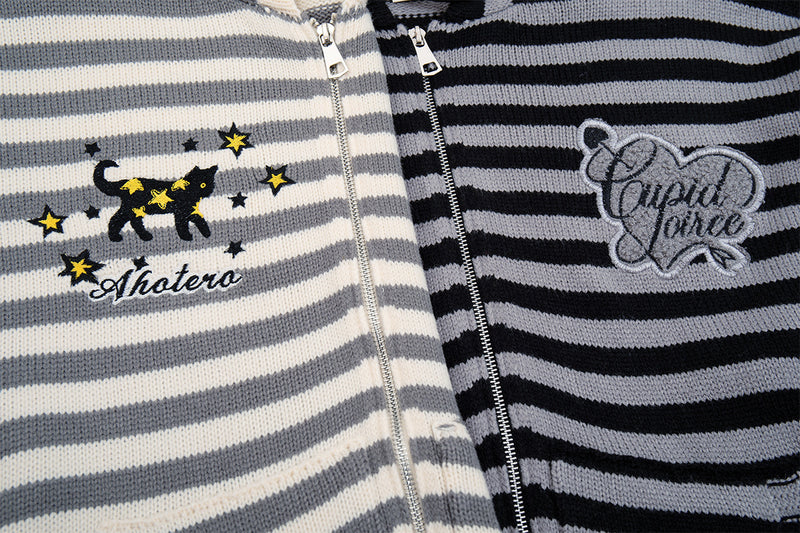 Y2K-Kapuzenjacke mit Reißverschluss – gestreifte Strickjacke mit Katzen- und Sternenstickerei