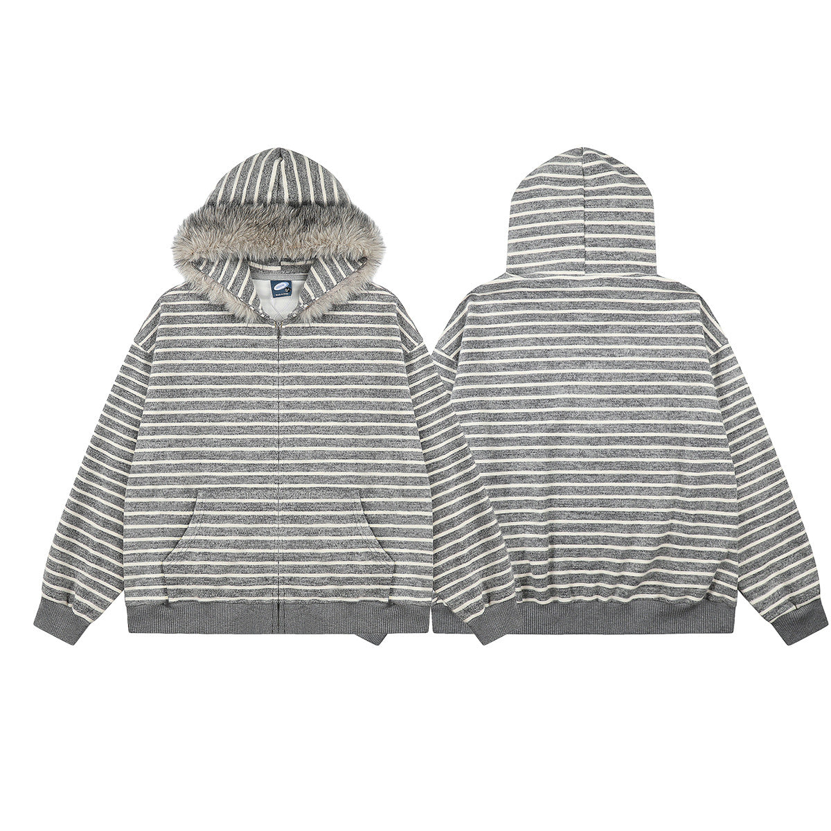 Sweat à capuche zippé rayé avec bordure en fausse fourrure