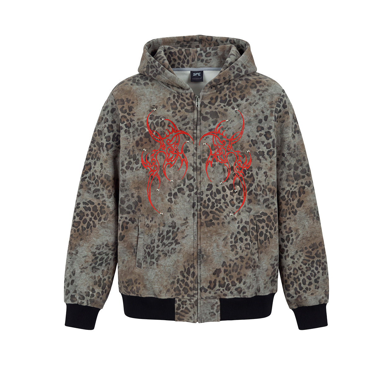 Sudadera oversize con capucha y cremallera de estampado de leopardo, bordado de alas tribales rojas en el pecho y gráfico de águila bicéfala en la espalda
