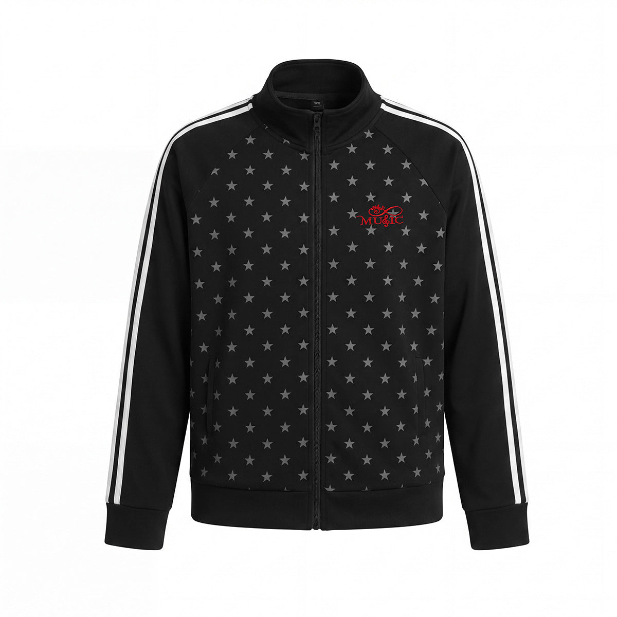 Chaqueta Deportiva con Estrellas – Cremallera Completa, Cuello Alto y Rayas Laterales
