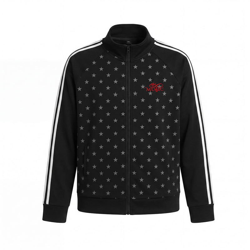 Chaqueta Deportiva con Estrellas – Cremallera Completa, Cuello Alto y Rayas Laterales