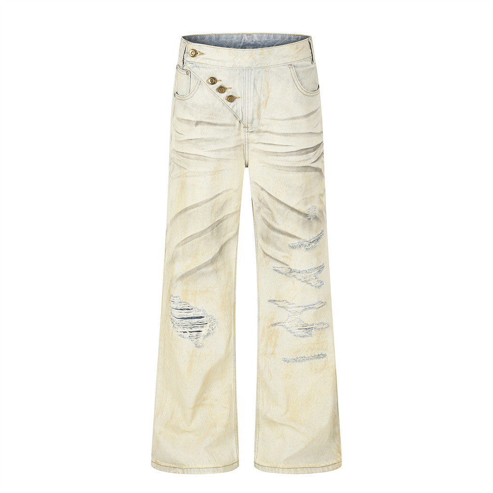 Men's Wide-Leg Distressed Jeans – Mud-Dye Washed, Diagonal Button Fly, Flare Hem