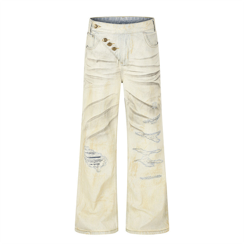 Men's Wide-Leg Distressed Jeans – Mud-Dye Washed, Diagonal Button Fly, Flare Hem
