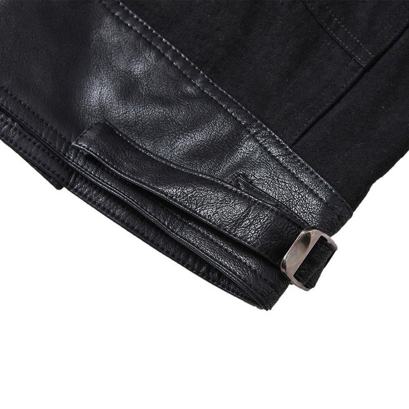 Men's Zip-Up Jacket – Black Moto Biker Style with Asymmetric Zip & Leather
