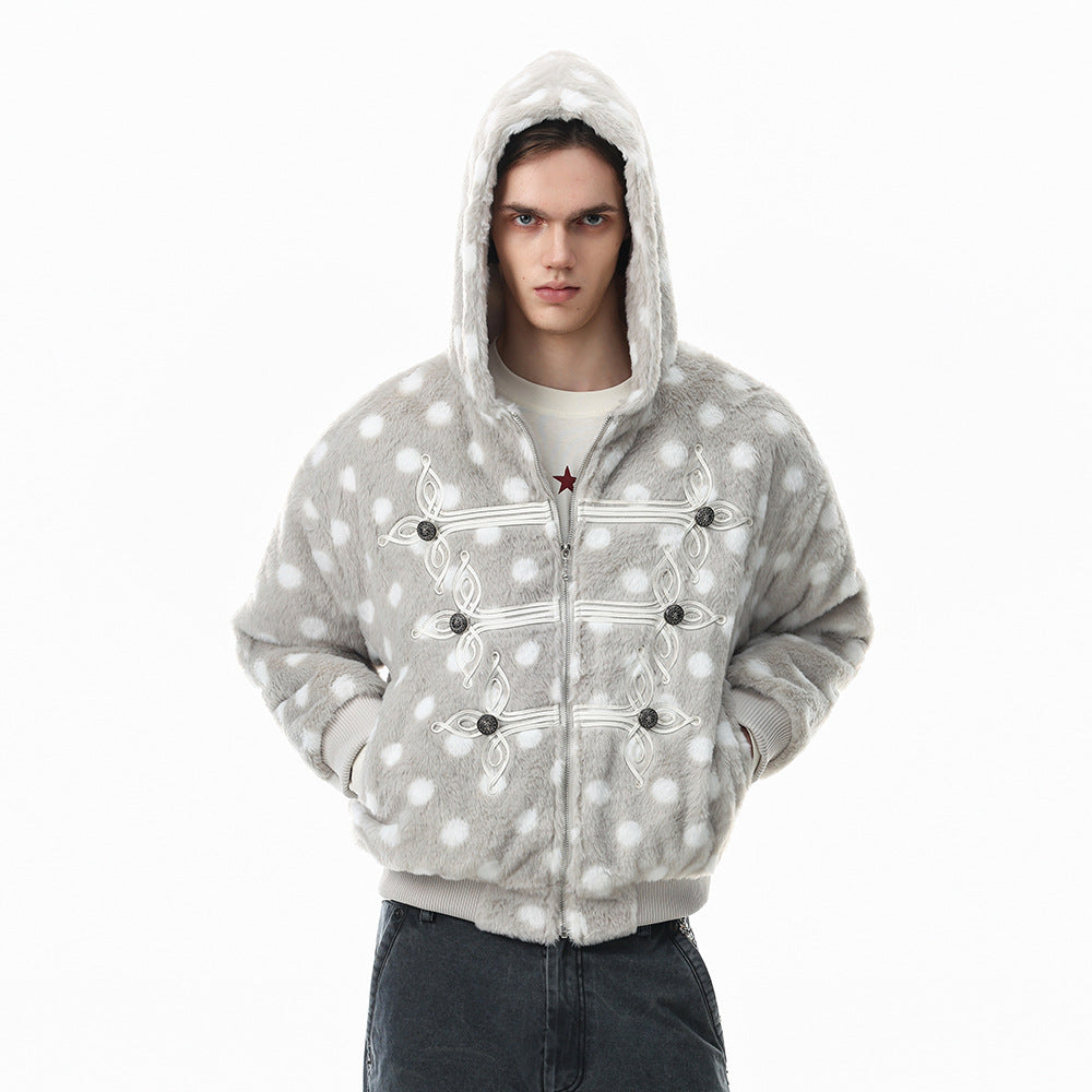 Oversized polka dot faux mink hooded zip jacket with ornate embroidered front panel in grey colorway