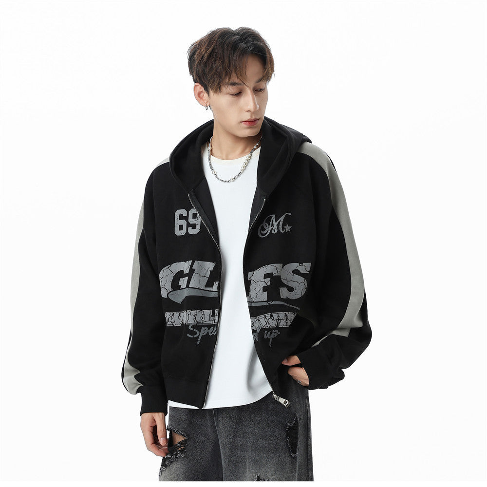 GLFS Colorblock Oversized Zip Up Hoodie – Distressed Letter Print, Dual Zipper